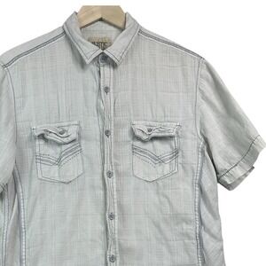 Rustic Blue Shirt Mens L White Button Up Embroidered Cotton Linen